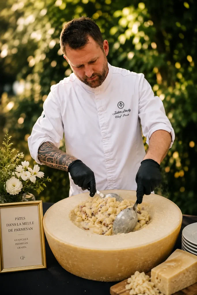 Julien Stocky préparant des pâtes dans une meule de parmesan pendant un atelier culinaire de mariage