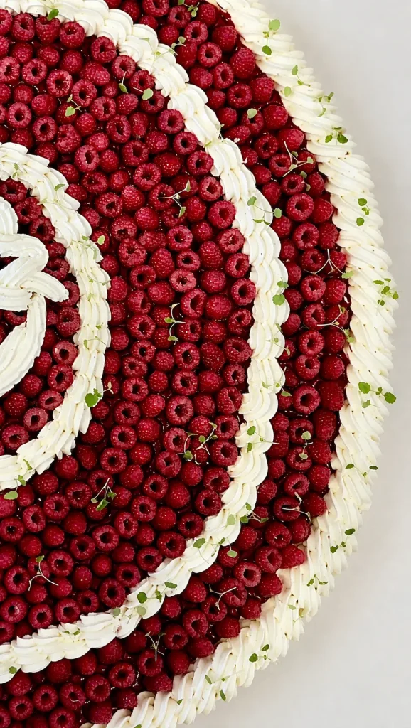 Grande tarte aux framboises préparée pour un dessert de mariage par Gastronomie & Prestige